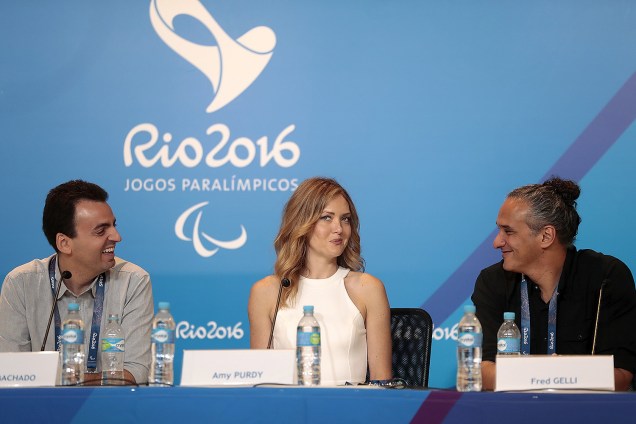Flávio Machado, Amy Purdy e Fred Gelli durante coletiva sobre a cerimônia de abertura dos Jogos Paraolímpicos do Rio 2016, no auditório do Estádio do Maracanã - 02/09/2016