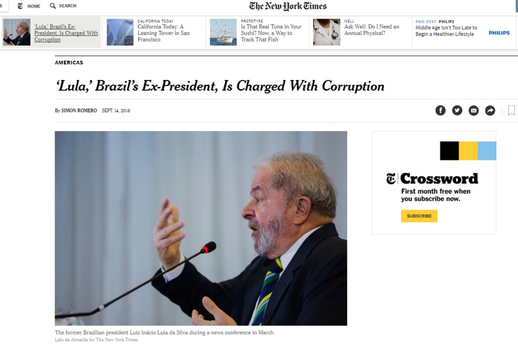 Site do 'New York Times' noticia denúncia contra Lula na Lava Jato