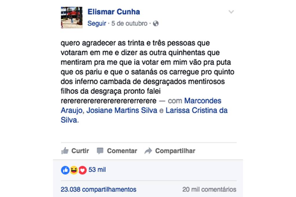 Postagem do candidato a vereador Elismar Cunha de Bela Vista de Goiás (GO)