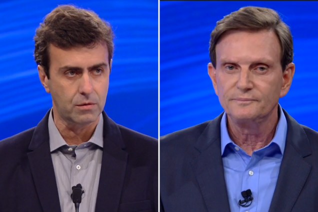 Os candidatos Marcelo Freixo (PSOL) e Marcelo Crivella (PRB) durante o debate realizado pela Rede Globo