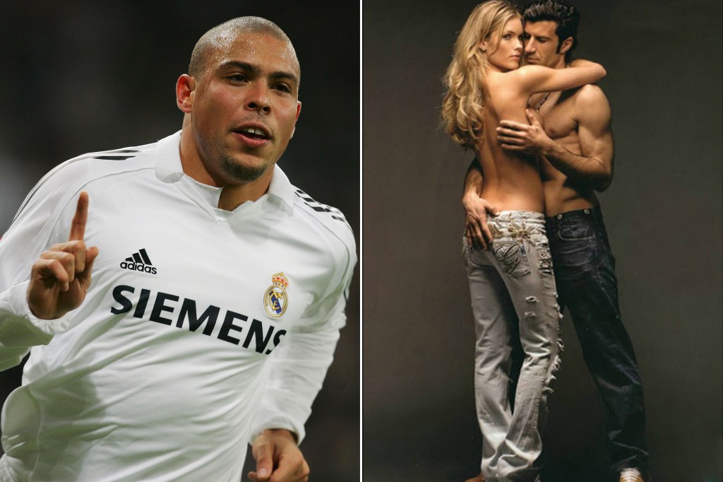 Ronaldo e o companheiro de Real Madrid Luis Figo com a esposa Helen Svedin