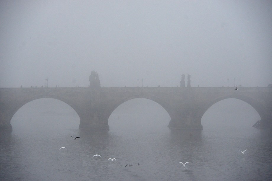 Gaivotas sobvrevoam ponte Charles, numa manhã com pesado nevoeiro em Praga, na República Tcheca - 17/10/2016