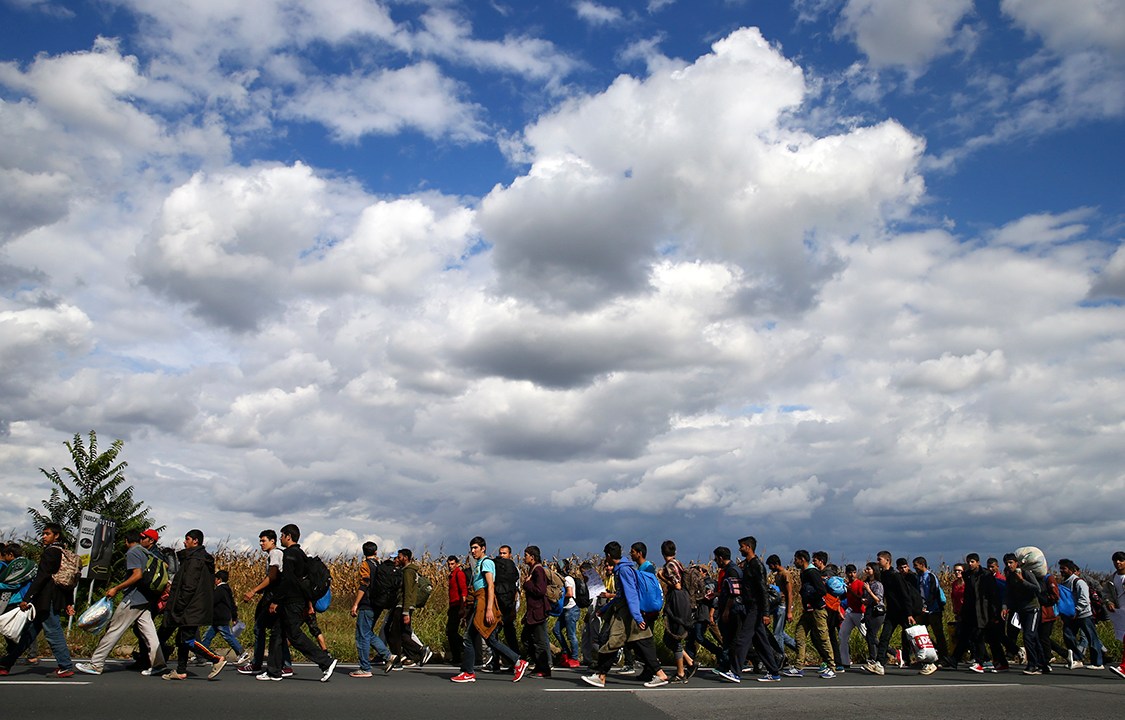 Refugiados e imigrantes caminham pela fronteira entre Sérvia e Hungria