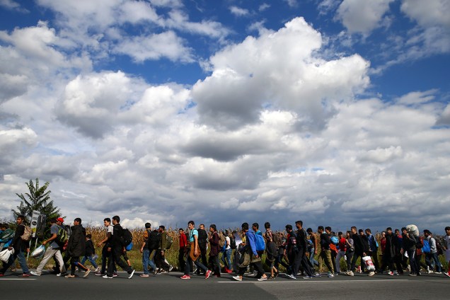 Refugiados e imigrantes caminham pela fronteira entre Sérvia e Hungria - 14/10/2016