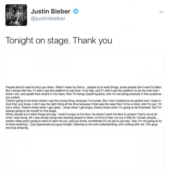 Justin Bieber publicou uma carta aberta se desculpando aos fãs no Twitter, mas deletou em seguida
