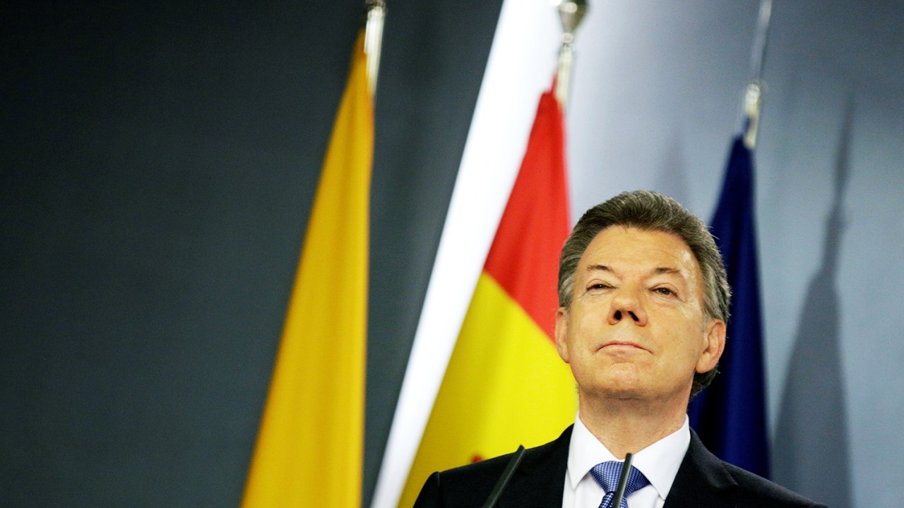 O presidente da Colômbia, Juan Manuel Santos, durante conferência em Madri, na Espanha - 03/03/2015