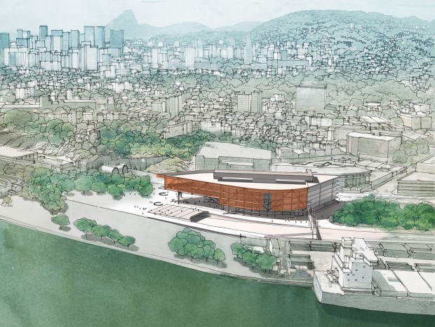 Imagem área do projeto de Hector Vigliecca para o novo edifício da Biblioteca Nacional, no Porto Maravilha (Imagens Divulgação)