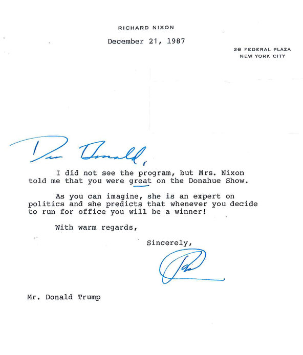 A carta do ex-presidente Richard Nixon para o empresário Donald Trump, em 1987