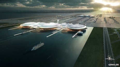 Projeto do aeroporto Britannia, em Londres, que demanda a construção de uma ilha artificial no rio Thames
