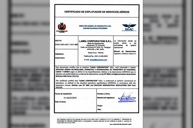 Certificado de Operador Aéreo da Lamia