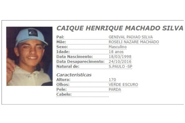 Caique Henrique, de 18 anos, desaparecido quando se dirigia a uma festa em um sítio na cidade de Ribeirão Pires (SP)
