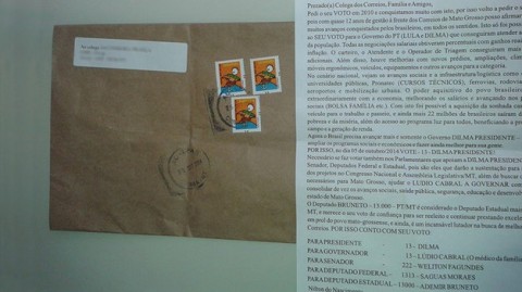 Carta enviada por funcionário dos Correios pedindo votos em Dilma e candidatos do PT em Mato Grosso