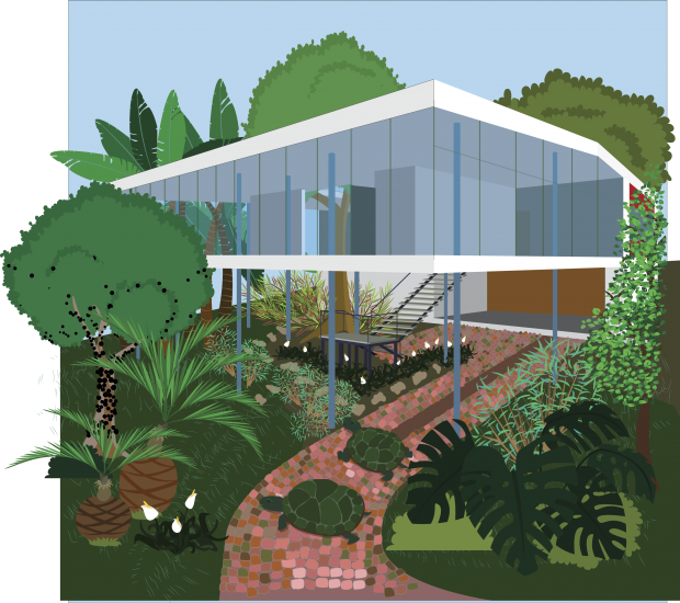 Casa de Vidro de Lina Bo Bardi, ilustrada no livro Casacadabra
