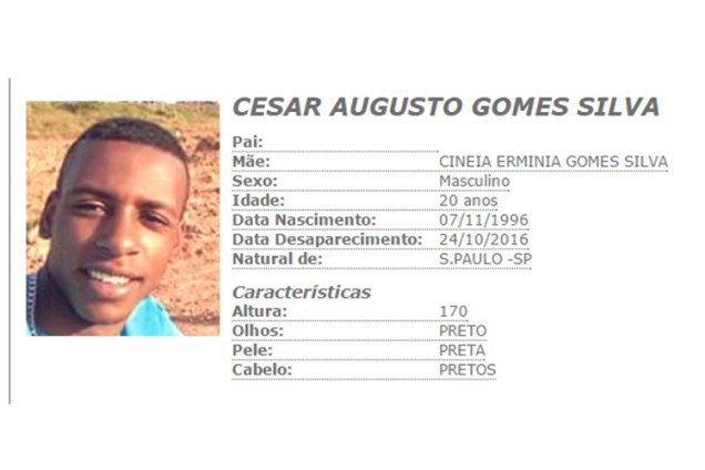 Cesar Augusto, de 19 anos, desaparecido quando se dirigia a uma festa em um sítio na cidade de Ribeirão Pires (SP)