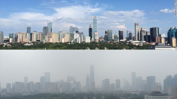 Montagem feita pela CNN mostra o céu de Pequim uma semana antes da parada militar e, abaixo, um dia depois (Crédito: Serena Dong/ CNN) 