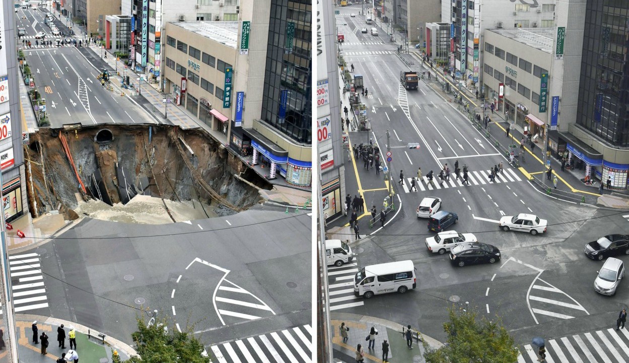 Cratera de 800 m² em Fukuoka foi consertada em dois dias