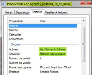 No destaque, janela do sistema operacional mostra os nomes dos autores do arquivo que instrumentaliza a CPI do Cachoeira