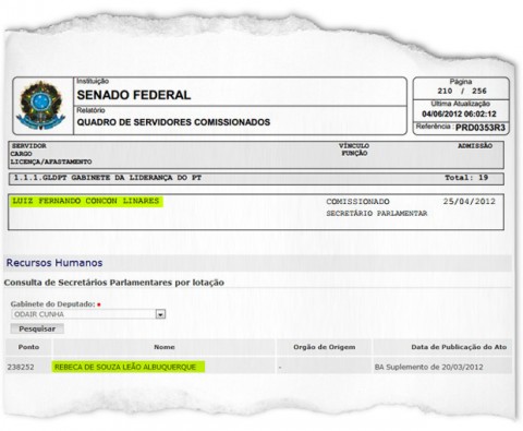 Reproduções de páginas do Senado confirmam: Luiz Fernando Liñares é funcionário da liderança do PT no Senado e Rebeca Albuquerque, do gabinete do deputado petista Odir Cunha, relator da CPI