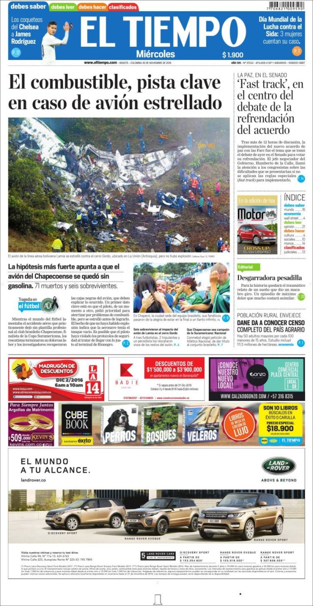 <span>Capa do jornal </span><span>colombiano</span><span> '</span><span>El Tiempo</span><span>'</span>