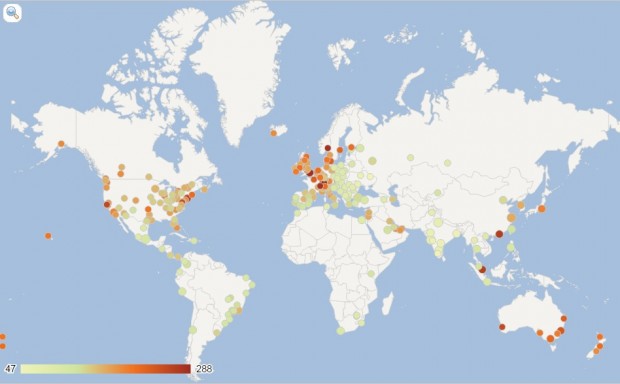 O mapa das cidades mais caras do mundo segundo o site Expartisan (gradações do azul ao vermelho)