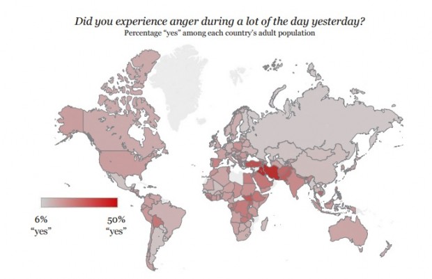 Sentimentos negativos mais frequêntes nos países identificados em vermelho escuro