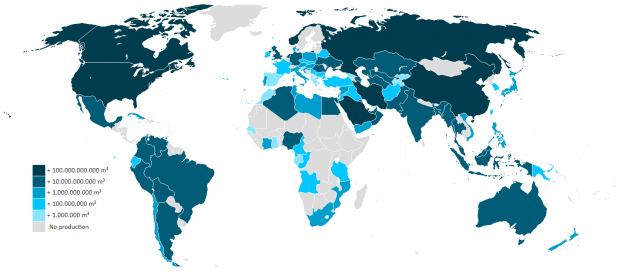 Extração de gás natural pelos países (em metros cúbicos por ano). (Fonte: Wikipedia)