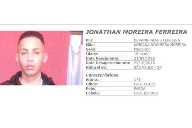Jonathan Moreira, de 18 anos, desaparecido quando se dirigia a uma festa em um sítio na cidade de Ribeirão Pires (SP)