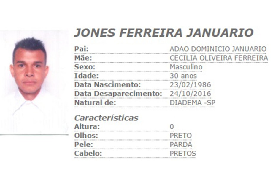 Jones Ferreira Januario, de 30 anos, desaparecido quando se dirigia a uma festa em um sítio na cidade de Ribeirão Pires