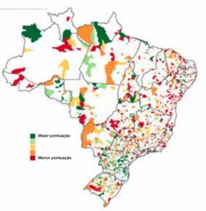 Grau de sustentabilidade financeira dos municípios: em verde os melhores; em vermelho, os piores