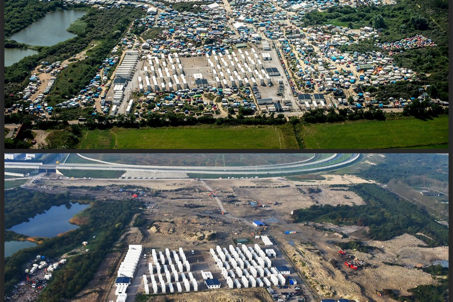 Comparação de fotos de agosto (cima) e novembro de 2016 (baixo), antes e depois da evacuação do acampamento de refugiados em Calais, na França