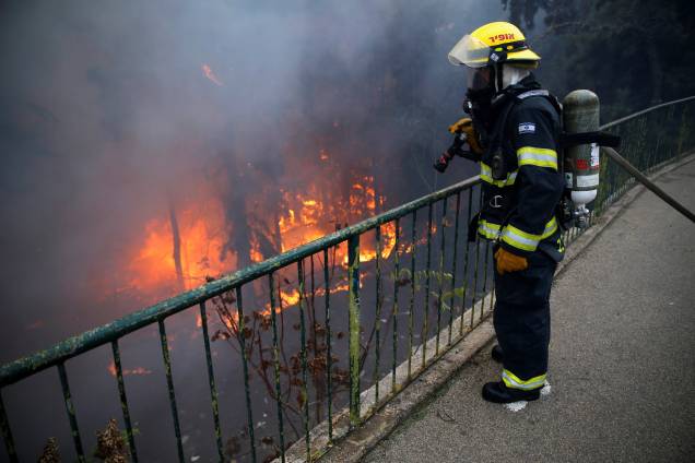 Bombeiro tenta extinguir um incêndio na cidade de Haifa, norte de Israel - 24/11/2016