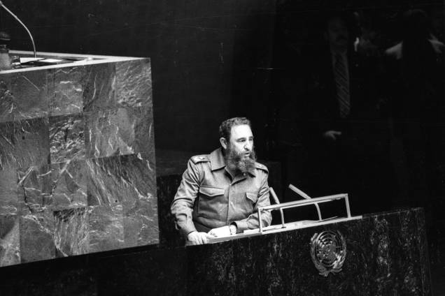Fidel Castro durante audiência como presidente do Movimento dos Não-Alinhados nas Nações Unidas em Nova York em outubro de 1979