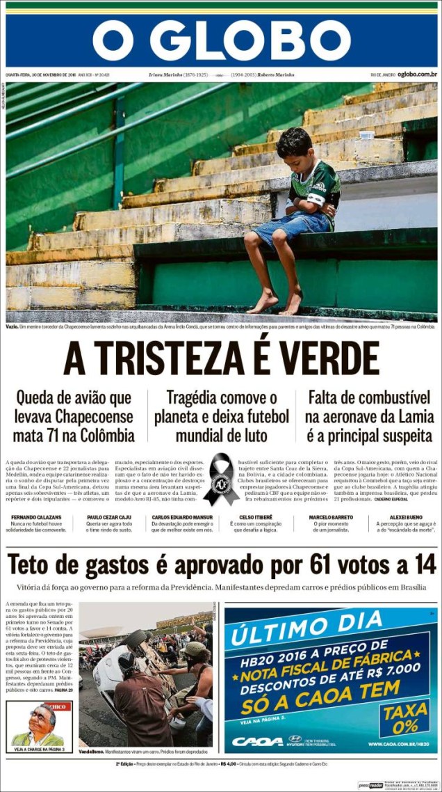 <span>Capa do jornal </span><span>brasileiro</span><span> '</span><span>O Globo</span><span>'</span>