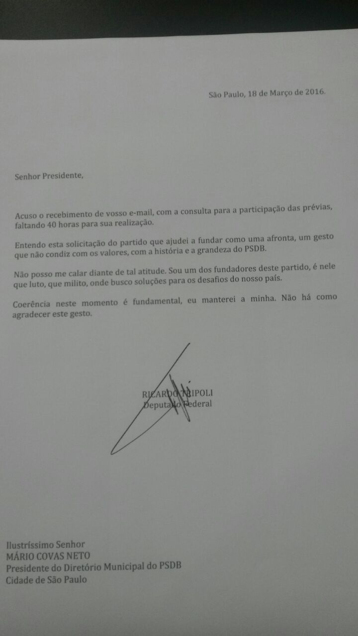 Terceiro colocado, Tripoli recusa ‘convite’ para disputar prévia tucana