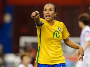 MONTREAL, QC - JUNE 09: Marta #10 of Brazil reacts to a call during the 2015 FIFA Women's World Cup Group E match against Korea Republic at Olympic Stadium on June 9, 2015 in Montreal, Quebec, Canada.   Minas Panagiotakis/Getty Images/AFP