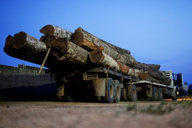Agentes do ibama e da Polícia Militar, inspecionam um caminhão carregado de troncos, durante operação de combate à extração ilegal de madeira, no Pará