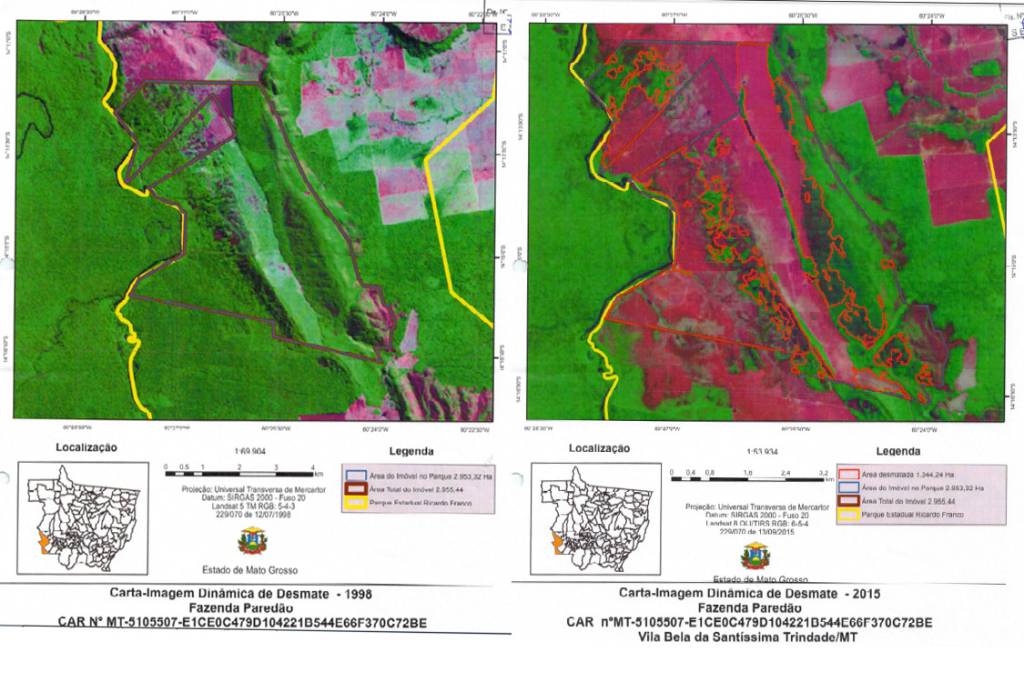 Imagens de satélite mostram a progressão do desmatamento na fazenda do ministro Padilha, em 1998 e em 2015