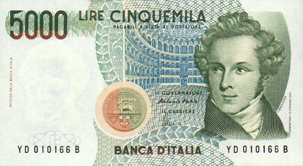 Imagem de Bellini na nota de 5000 liras