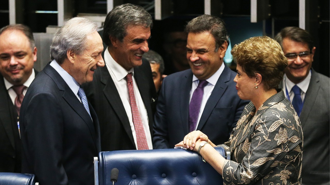 Ricardo Lewandowski, José Eduardo Cardozo, Aécio Neves e Dilma Rousseff, durante o julgamento do impeachment no Senado Federal, em Brasília (DF) - 29/08/2016