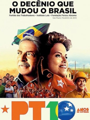 "Na cartilha de exaltação aos dez anos do PT no poder, com capa ao estilo realismo socialista e Dilma e Lula retratados como duas faces de uma mesma criatura, a História é reescrita para fazer as estatísticas falarem o que aos donos do poder interessa"