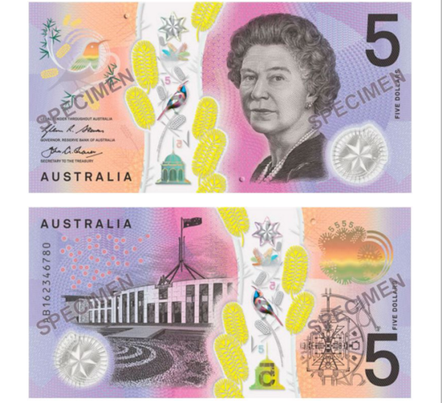 A rainha Elizabeth II, da Inglaterra, estampa a nota de 5 dólares australianos que concorre ao prêmio