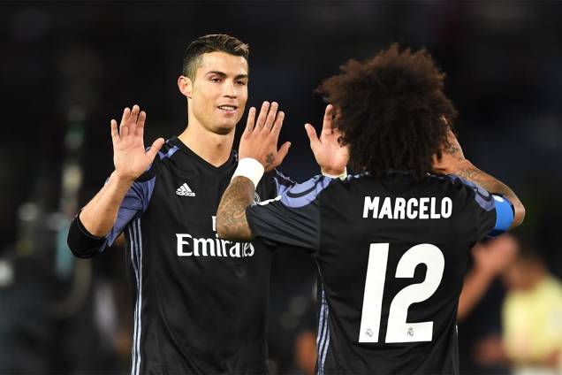 Cristiano Ronaldo comemora com Marcelo, a vitória do Real Madrid por 2 a 0 sobre o América-MEX, em partida válida pelas semifinais do Mundial de Clubes da FIFA - 15/12/2016