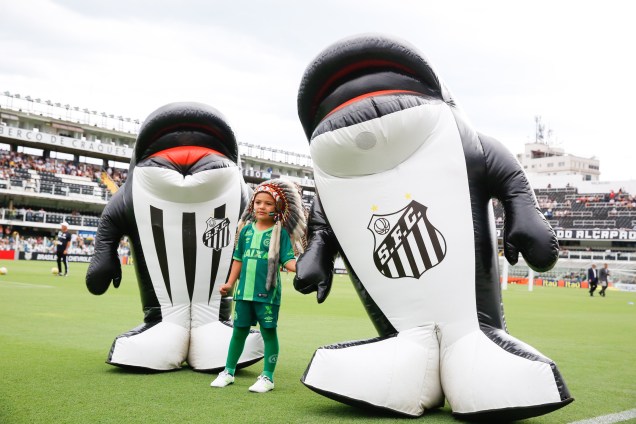 O mascote Carlinhos da Chapecoense posa para fotos com os mascotes do Santos na Vila Belmiro antes da partida do time da casa contra o América-MG