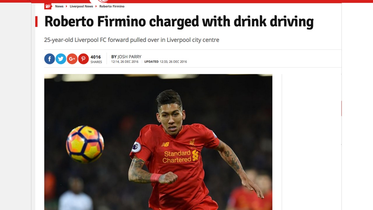 Roberto Firmino detido por dirigir bêbado no Natal