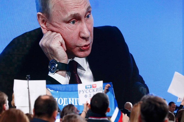O presidente da Rússia, Vladimir Putin, durante uma coletiva de imprensa, em Moscou