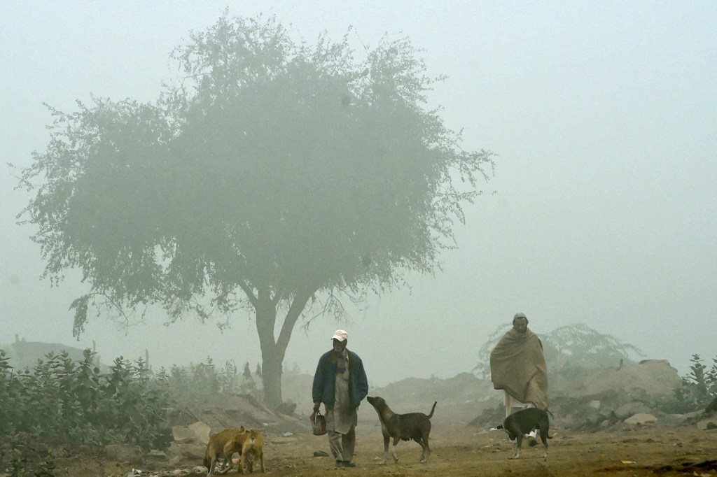 Homens caminham em um campo enevoado em Lahore, no Paquistão