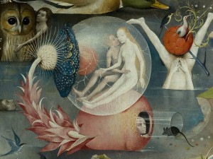 E, no detalhe, o estranho abacaxi pintado por Bosch na parte inferior, lado esquerdo da painel central da obra 