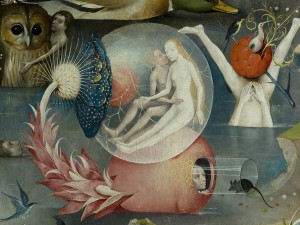 E, no detalhe, o estranho abacaxi pintado por Bosch na parte inferior, lado esquerdo da painel central da obra