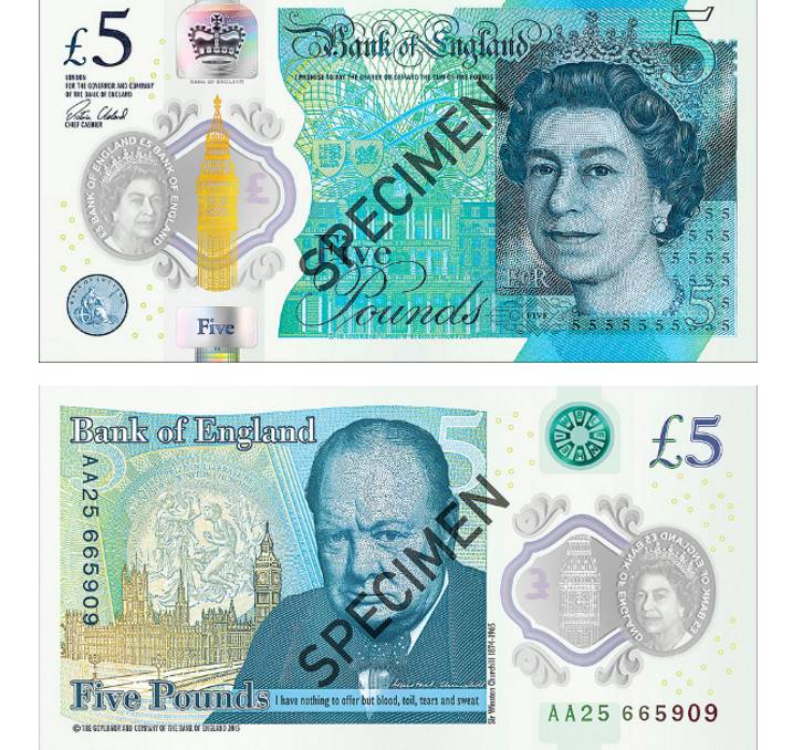 A rainha Elizabeth II tamb&eacute;m aparece na c&eacute;dula de 5 libras esterlinas&nbsp;indicada ao pr&ecirc;mio. Em uma das faces da nota&nbsp;aparece ainda a imagem do ex-primeiro-ministro brit&acirc;nico Winston Churchill