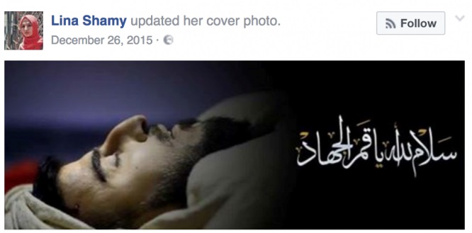 Reprodução da página de Facebook da ativista Lina Shamy na qual ela lamenta a morte do terrorista Zahran Alloush. O extremista pregou o extermínio de membros da etnia alauíta